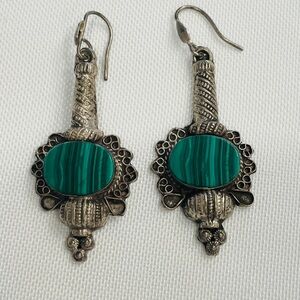 Natural Malachite Gemstone Silver Dangle Earrings